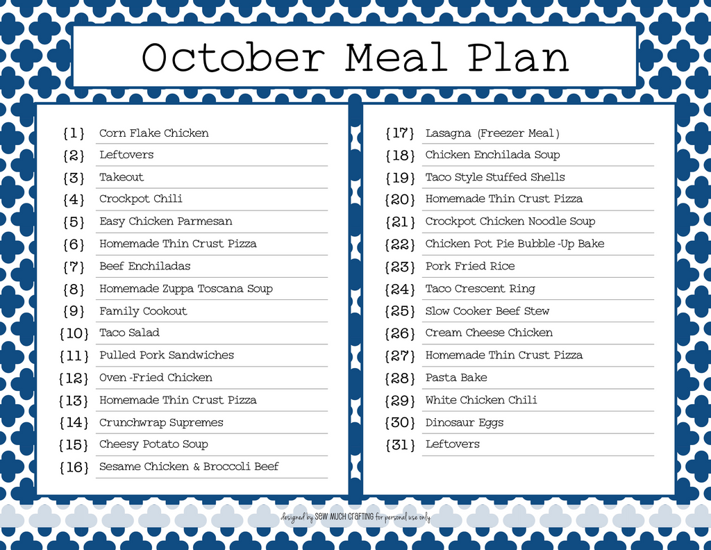 Our October Monthly Meal Plan (and FREE Printable)