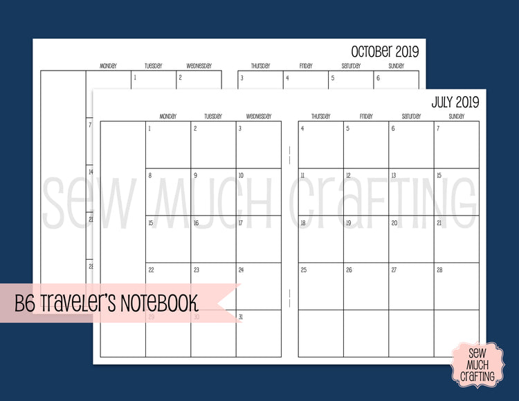 Month on Two Page Inserts for Traveler's Notebooks