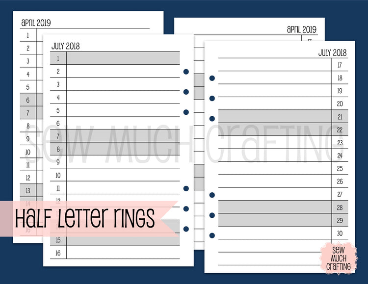 Month on Two Page Inserts in LIST Format for Rings (CHOOSE A SIZE)