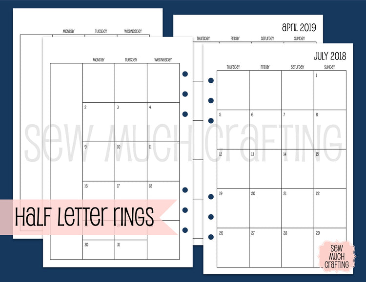 Month on Two Page Inserts for Rings (CHOOSE A SIZE)