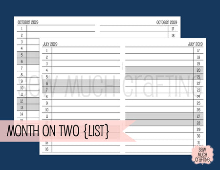 Month on Two Page Inserts in LIST Format for Traveler's Notebooks