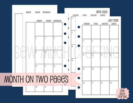 Month on Two Page Inserts for Rings (CHOOSE A SIZE)