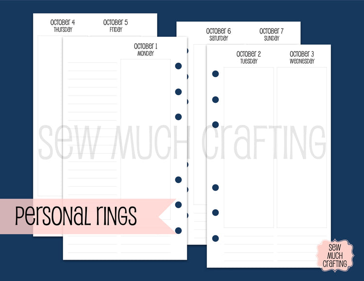 Vertical Week on Four Page Inserts for Rings (CHOOSE A SIZE)
