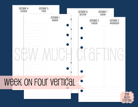 Vertical Week on Four Page Inserts for Rings (CHOOSE A SIZE)